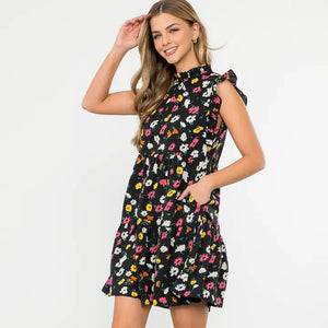 Ruffle Sleeve Flower Print Dress