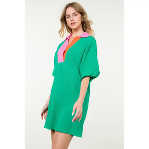 Green Puff Sleeve V-Neck Dress