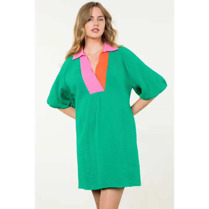 Green Puff Sleeve V-Neck Dress