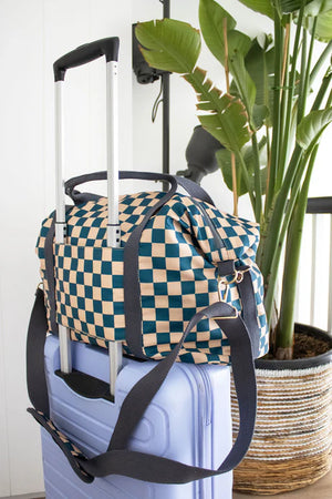 Teal and Beige Checker Weekender Bag