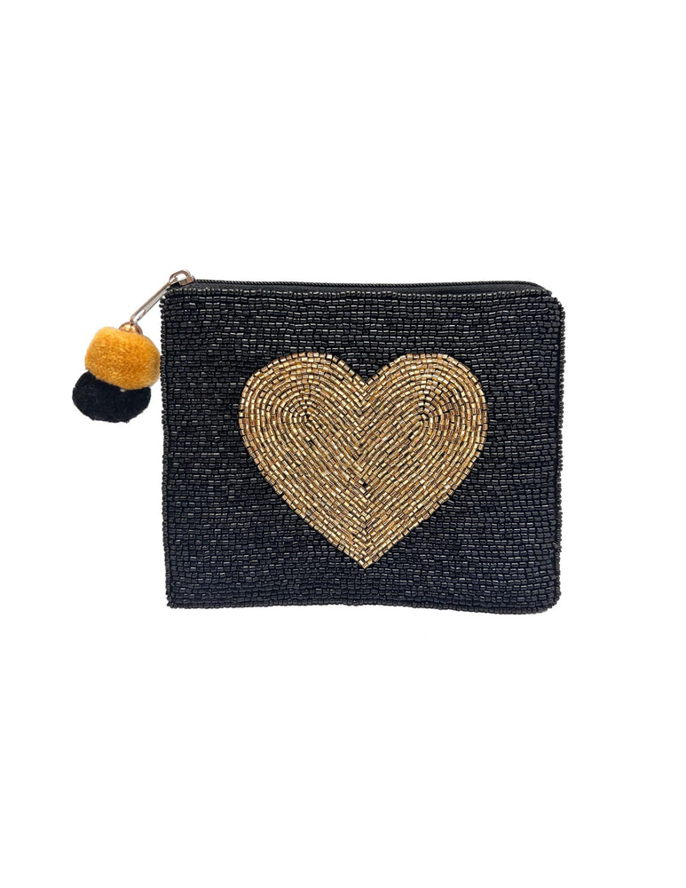 Black and Gold Heart Beaded Pouch