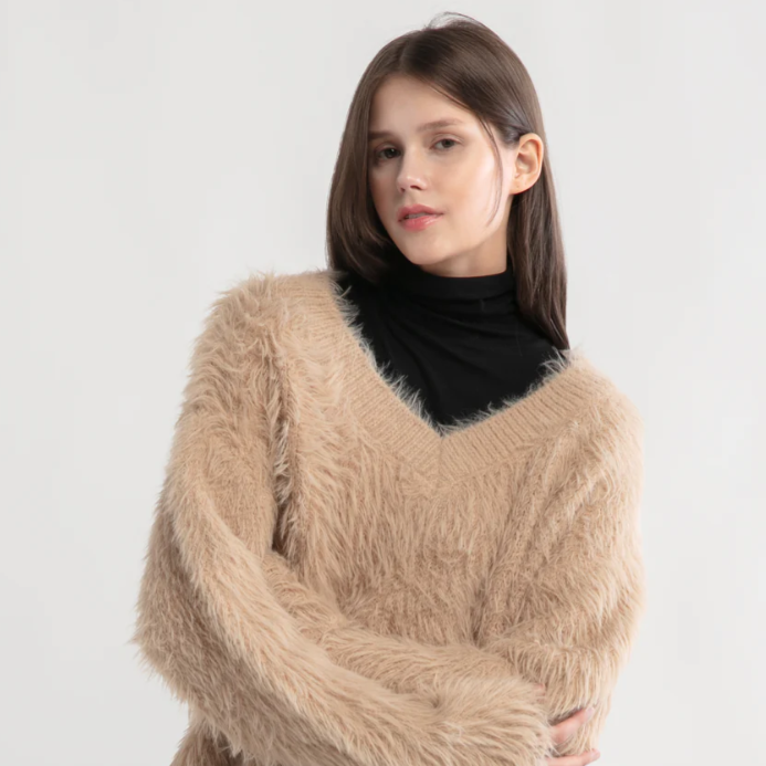 Tan Fuzzy Eyelash Sweater