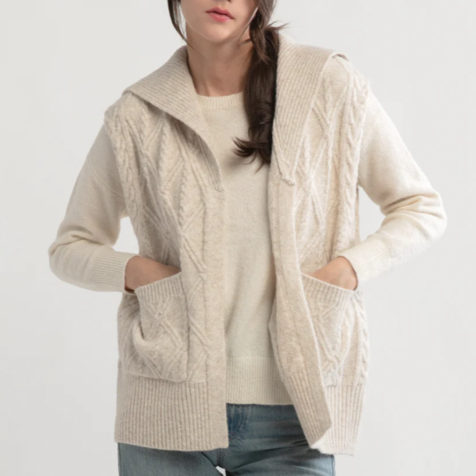 Tan Cable Knit Open Front Vest