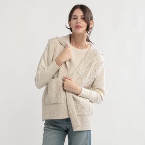 Tan Cable Knit Open Front Vest