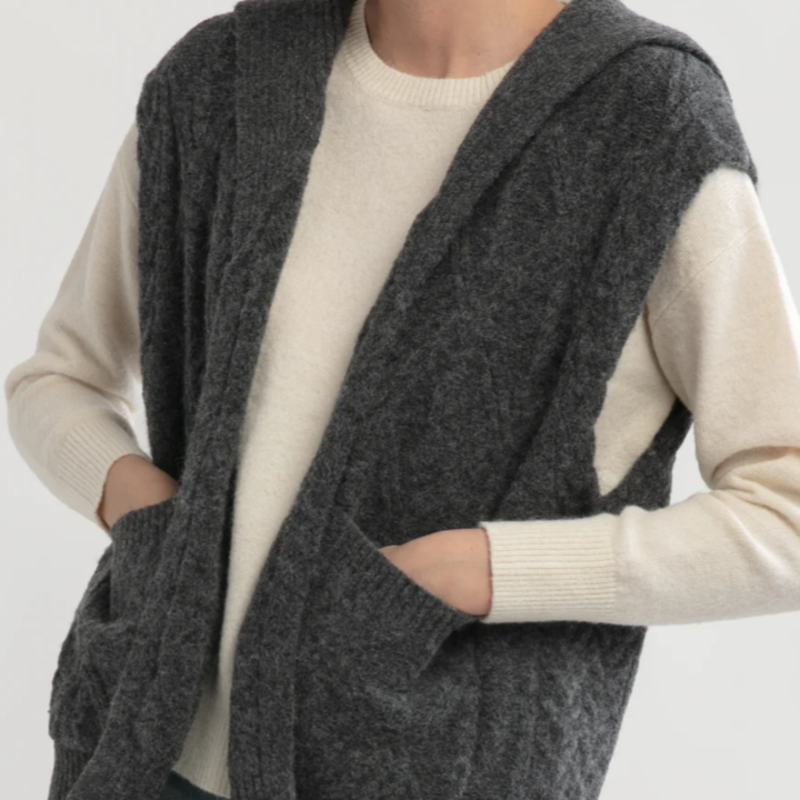 Charcoal Cable Knit Open Front Vest