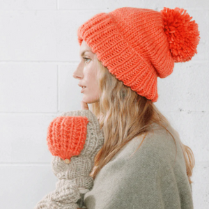 Coral Rose Hand-Knit Pom-Pom Hat