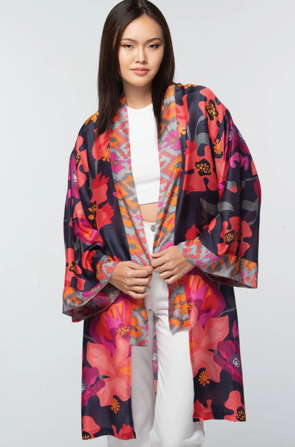 Malini Cupro Kimono Jacket Navy Multi Floral