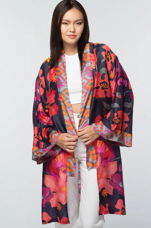 Malini Cupro Kimono Jacket Navy Multi Floral