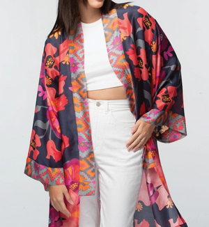 Malini Cupro Kimono Jacket Navy Multi Floral