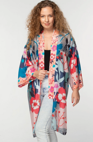 Malini Cupro Kimono Jacket Silver Multi Floral