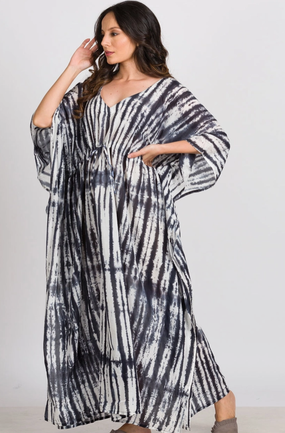 Shibori Caftan Charcoal & White