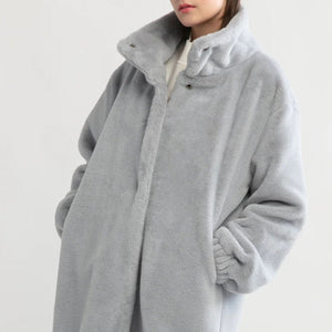 Stone Blue Shearling Stand Collar Coat