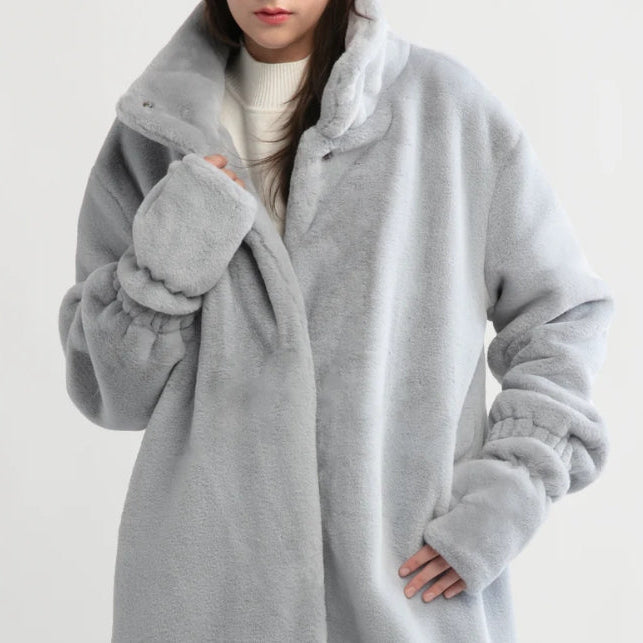 Stone Blue Shearling Stand Collar Coat