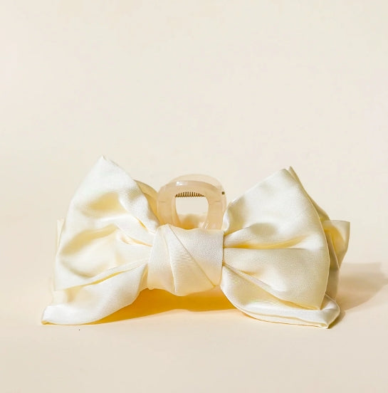 Cream Satin Bow Claw Clip