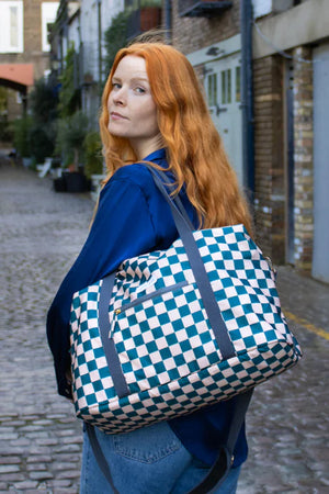 Teal and Beige Checker Weekender Bag