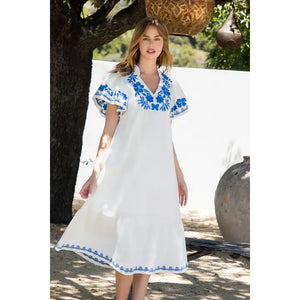 Blue Embroidered Neckline Dress