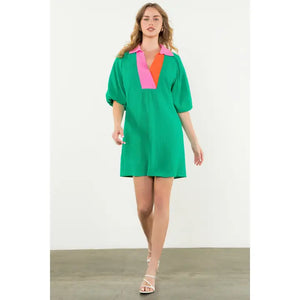 Green Puff Sleeve V-Neck Dress