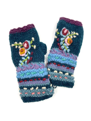 Blue Flower Embroidered Fingerless Gloves