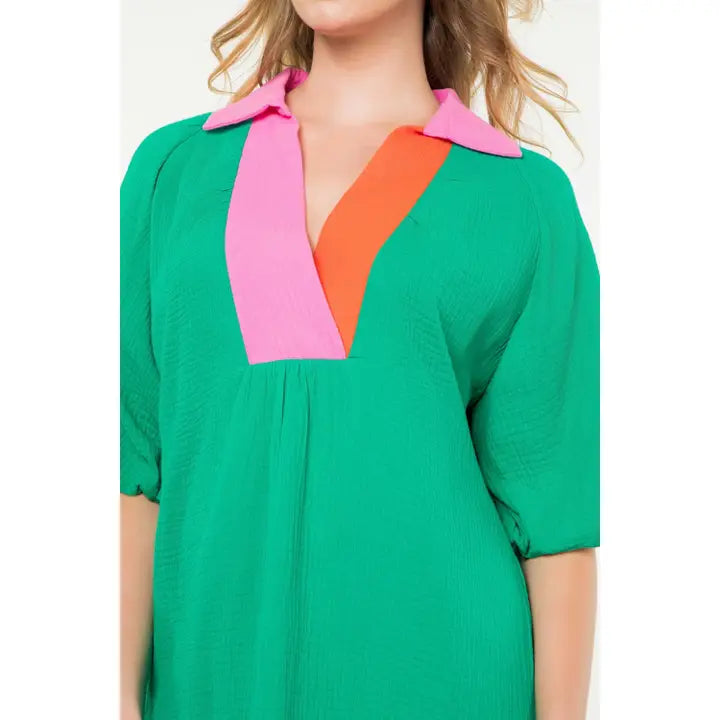 Green Puff Sleeve V-Neck Dress