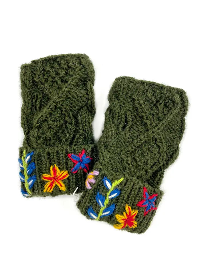 Embroidered Cable Knit Fingerless Gloves