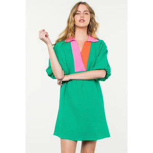 Green Puff Sleeve V-Neck Dress