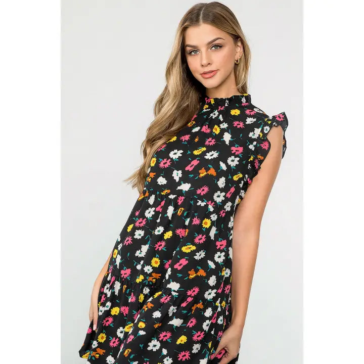 Ruffle Sleeve Flower Print Dress