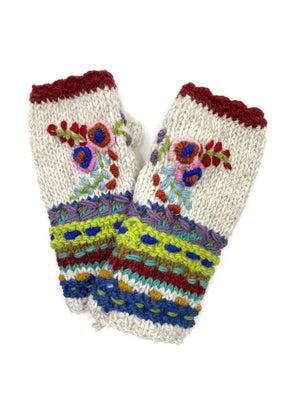 Gray Flower Embroidered Fingerless Gloves